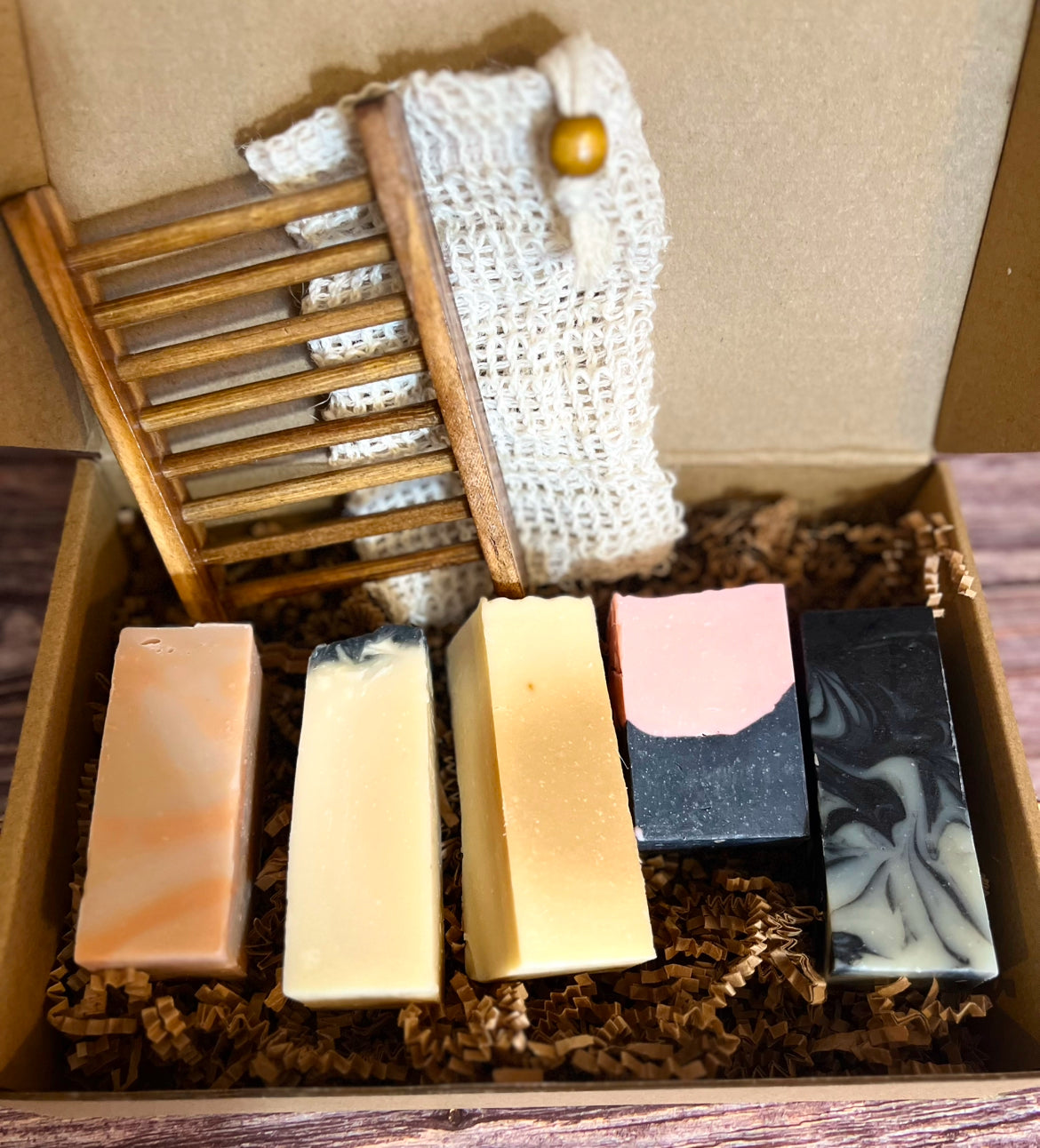 ********Assortment Box of Artisan Soaps with Soap Dish Tray & Sisal bag